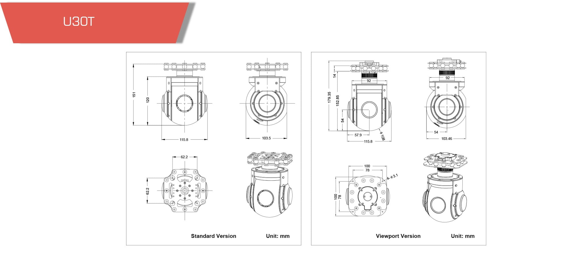 Gimbal camera u30t dimensions