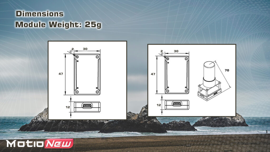 Dimensions and weight of zed-f9p rtk and compass dronecan module